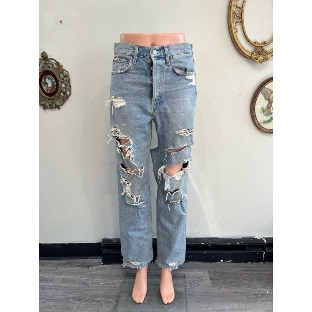 AGOLDE 90s Mid Rise Loose Fit Jeans Light Wash Distressed Ripped Denim Size 25